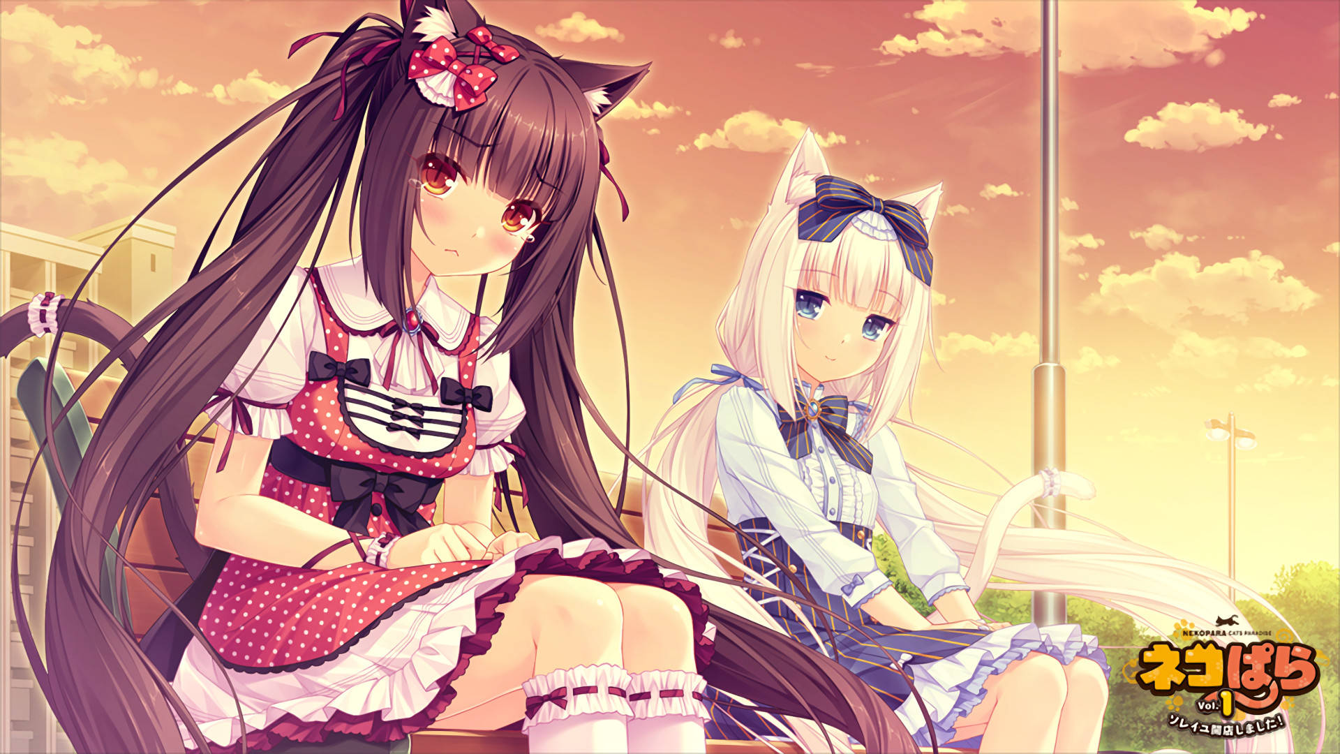 Nekopara 桌布 壁紙 — 兩個有貓耳的動漫女孩在溫暖的日落天空下，坐在一張長凳上，周圍有 fluffy 雲。