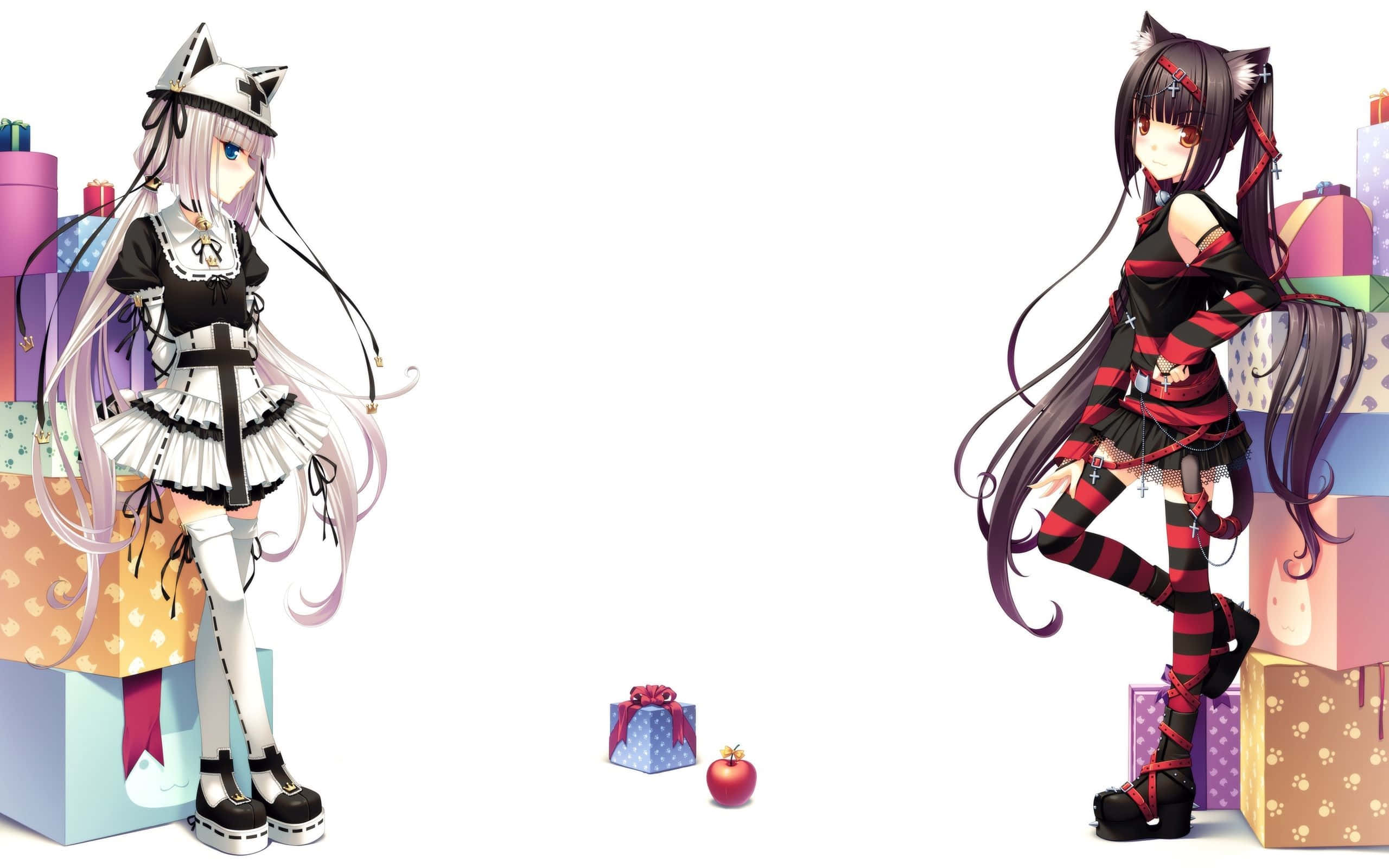 neko 桌布 壁紙 — 兩個有貓耳的動漫女孩站在色彩繽紛的禮物盒旁邊，背景是純白色。