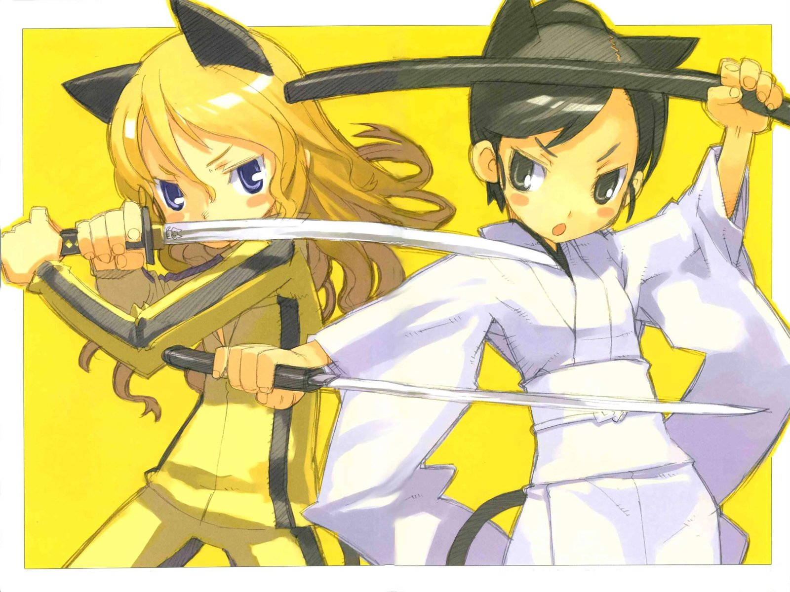 Kill Bill 桌布 壁紙 — 兩個有貓耳的動漫角色在亮黃色背景上以動態戰鬥姿勢交劍。