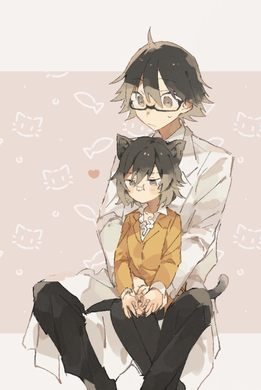 Shinra Kishitani 桌布 壁紙 — 兩個有貓耳的動漫角色在有漂浮貓和魚塗鴉的粉彩背景前緊貼在一起坐。