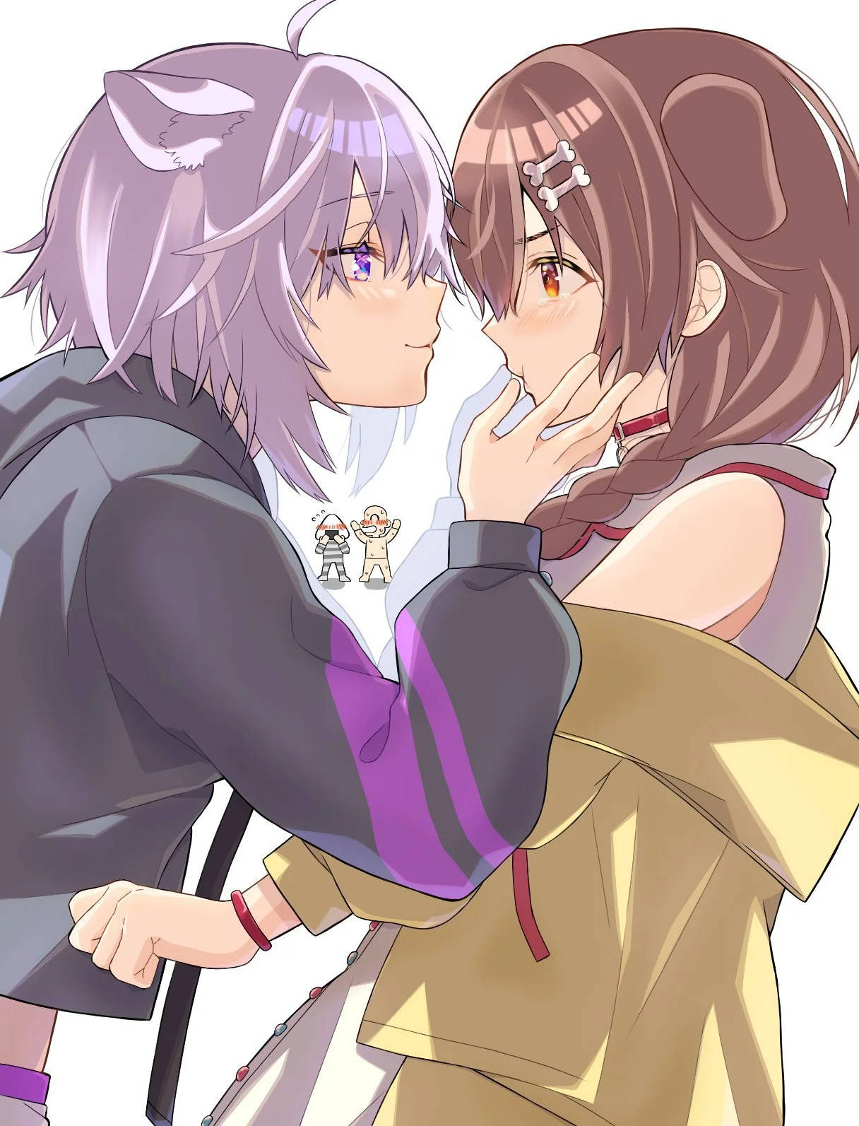 Kissing 桌布 壁紙 — 兩個有貓耳的動漫角色在純白背景前傾身進行溫柔的親吻。