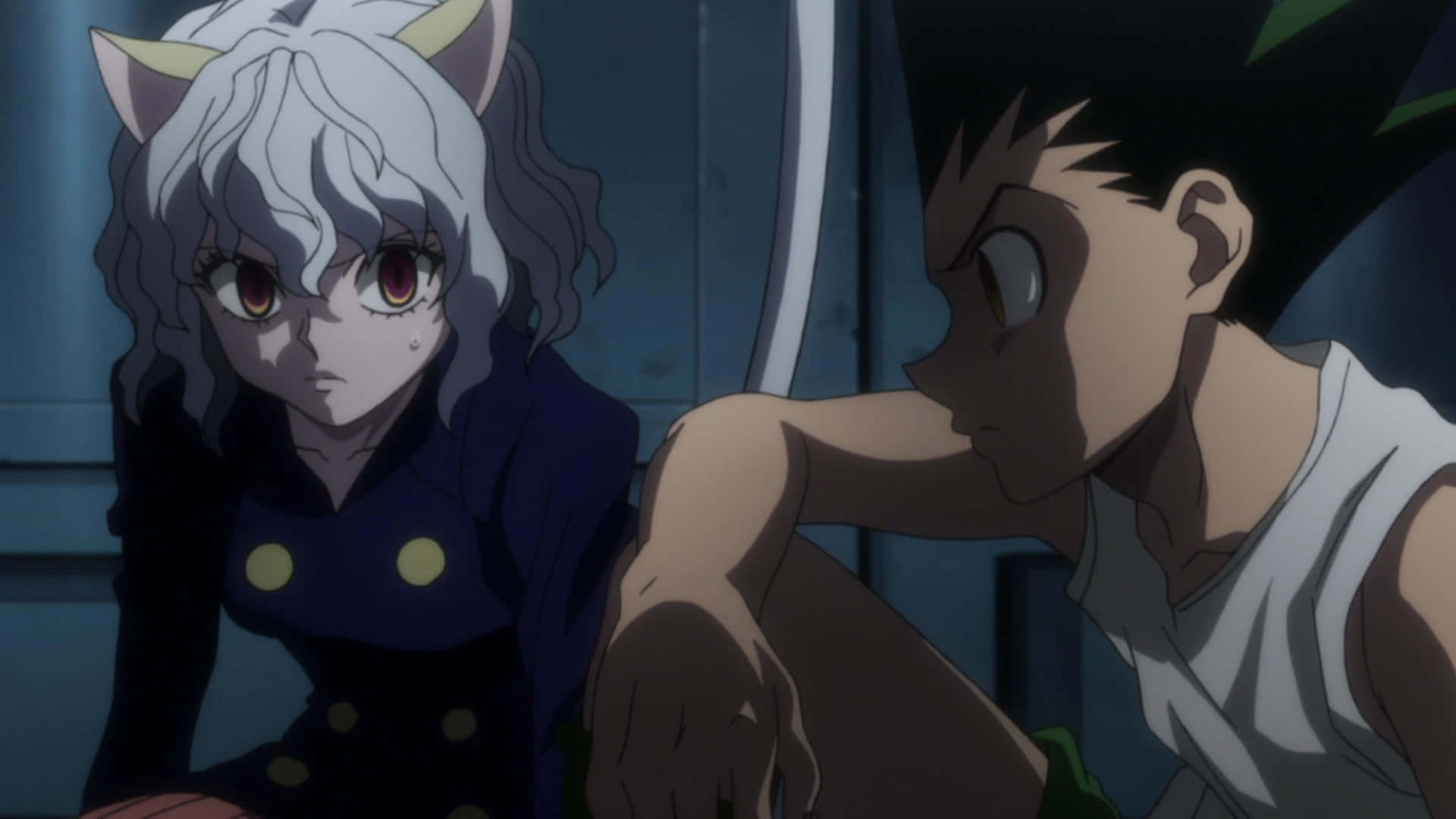 Neferpitou 桌布 壁紙 — 兩個有貓耳的動漫角色坐在昏暗燈光下，一個穿深色外套，另一個穿白色背心。