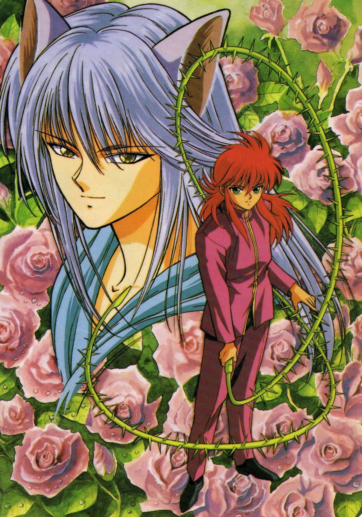 Kurama 桌布 壁紙 — 兩個有貓耳的動漫角色站在一片粉紅色玫瑰和荊棘藤蔓的田野中。