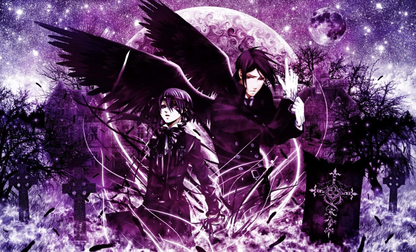 Black Butler 桌布 壁紙 — 兩個有黑色翅膀的動漫人物站在紫色墓地，上方有新月和星星。