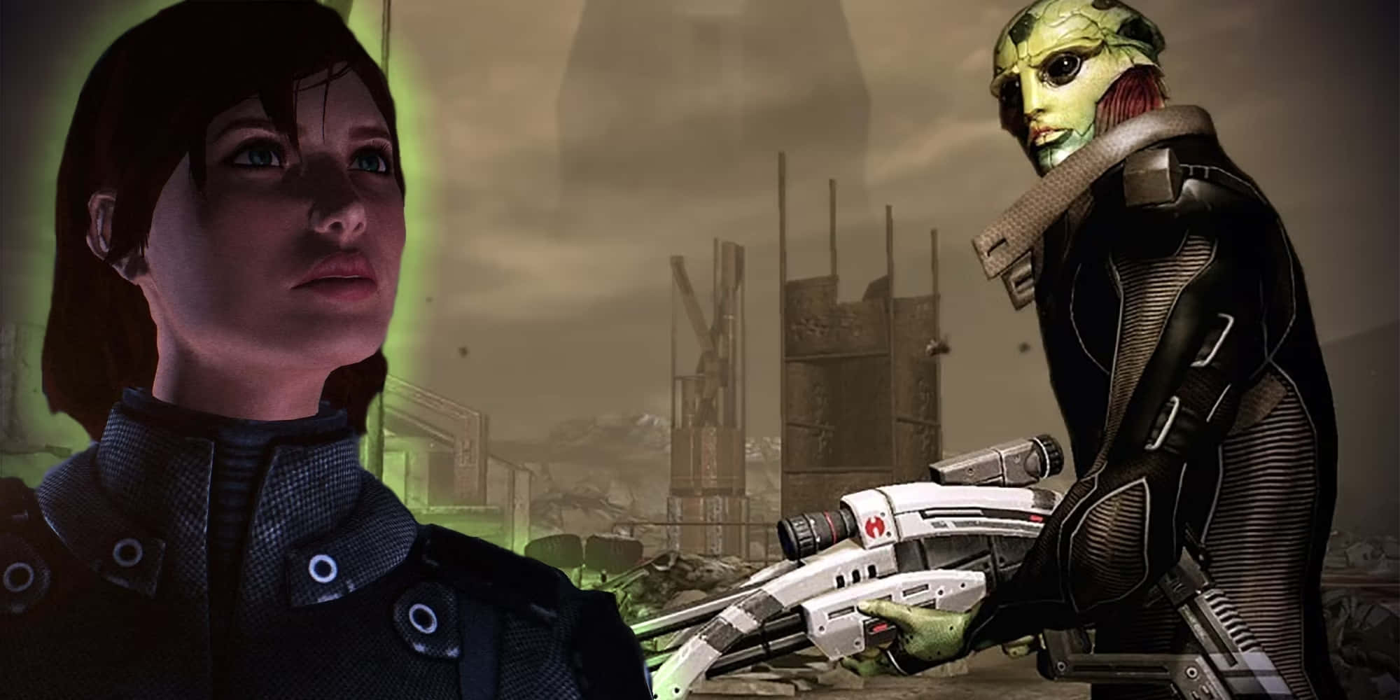 Thane Krios 桌布 壁紙 — 兩個未來角色身穿戰鬥裝備，站在霧濛濛的天空下，一片廢棄的工業荒地中。