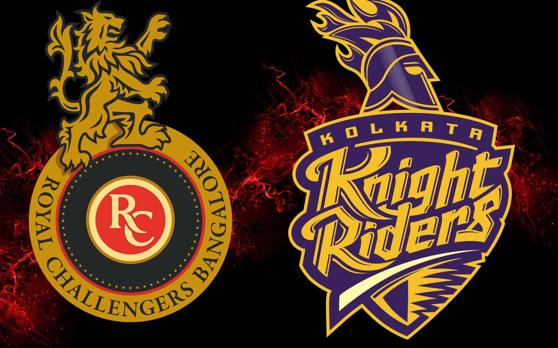 板球隊標誌 Royal Challengers Bangalore 和 Kolkata Knight Riders 在火熱背景上。 — 印度板球 壁紙