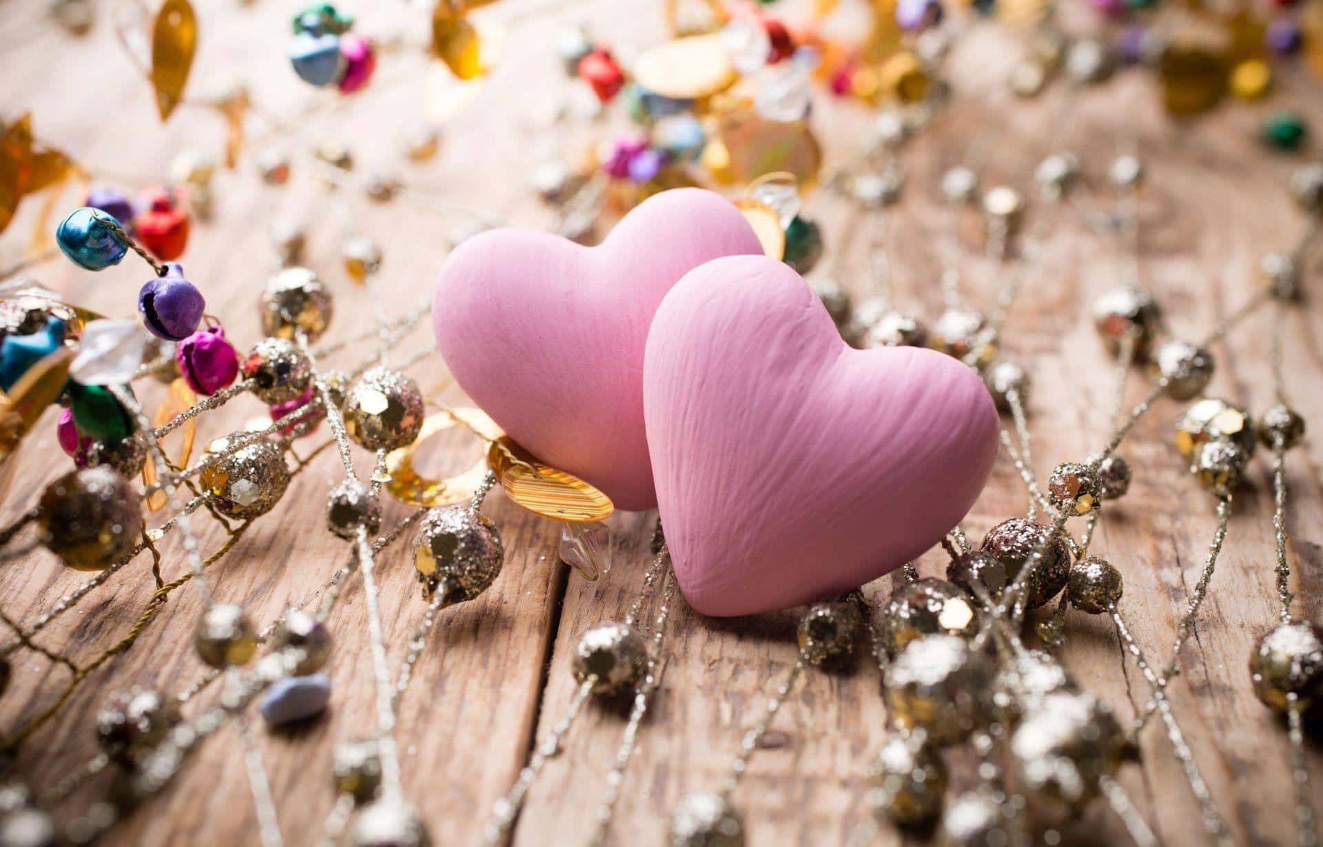 Beautiful Love 桌布 壁紙 — 兩個柔軟的粉紅色心形放在一個質樸的木質表面上，周圍環繞著閃閃發光的金色和彩色珠子。
