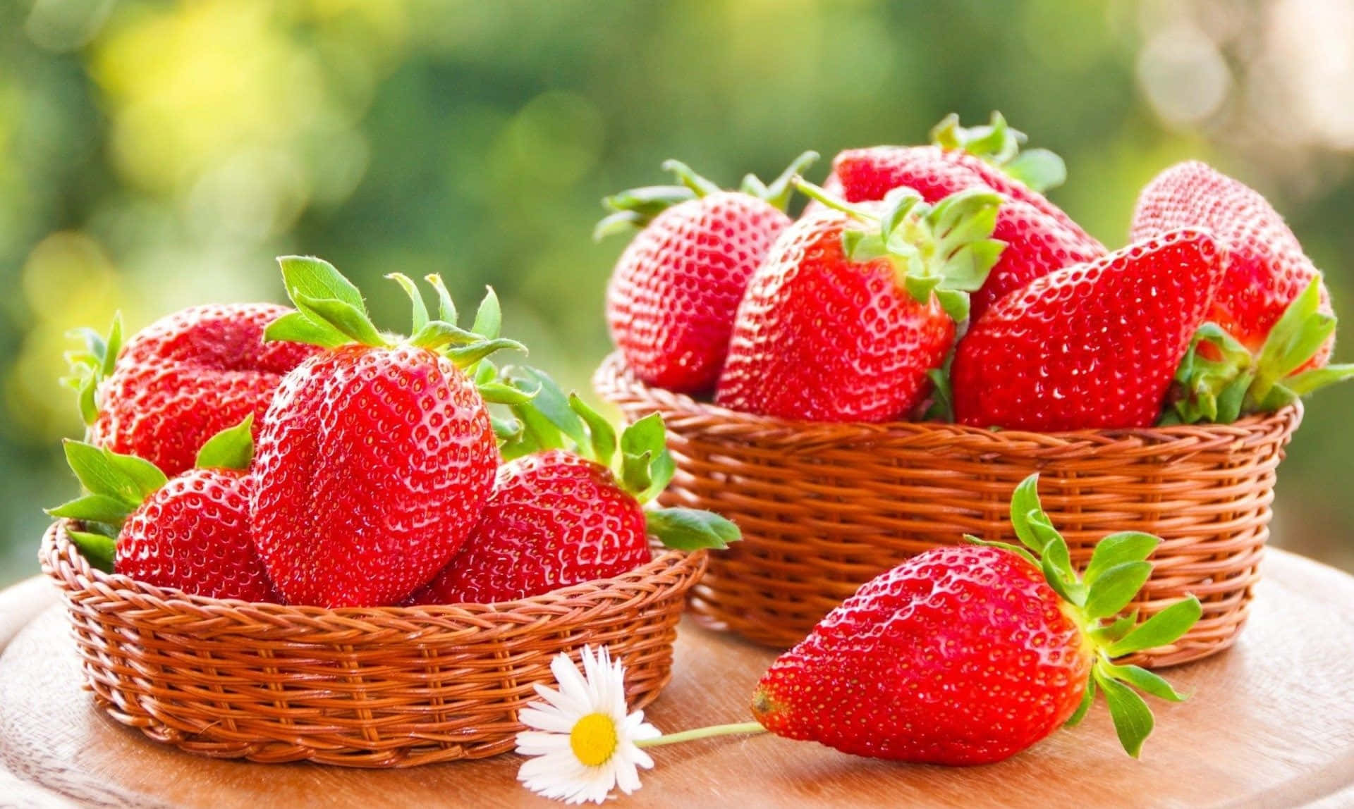 Cute Strawberry 桌布 壁紙 — 兩個柳條籃子裝滿了飽滿的紅色草莓，旁邊有一朵雛菊，放在木質表面上。