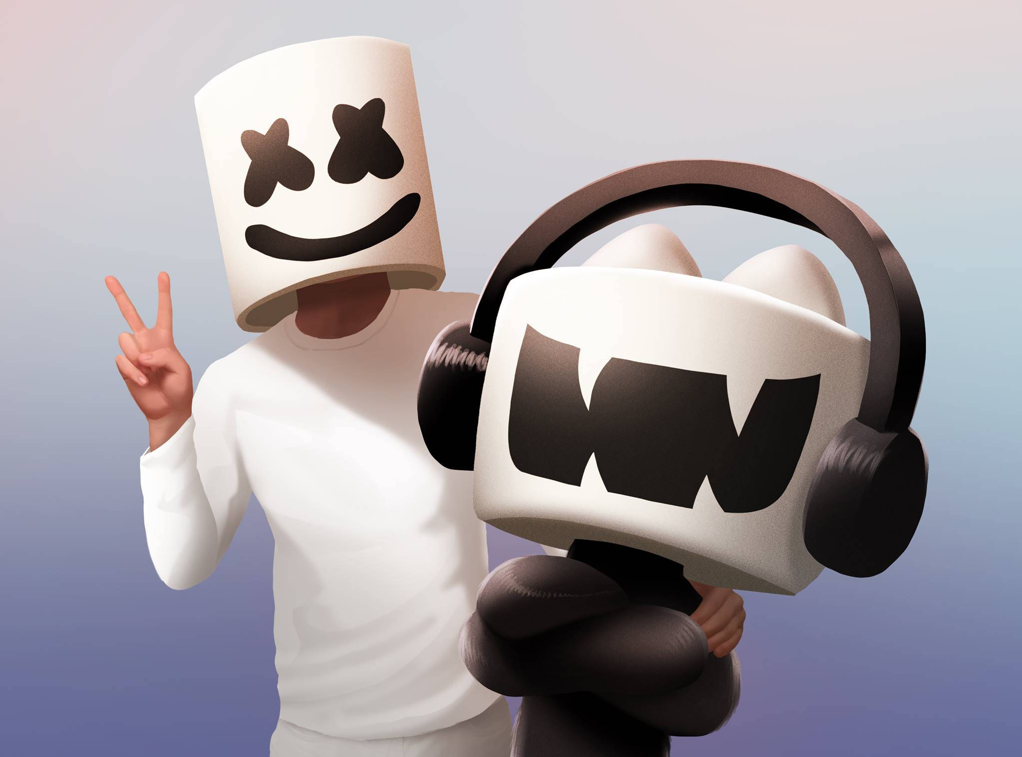 Marshmello 動態圖 桌布 壁紙 — 兩個棉花糖頭人物，其中一個戴著耳機並做出和平手勢，背景為柔和漸變色。