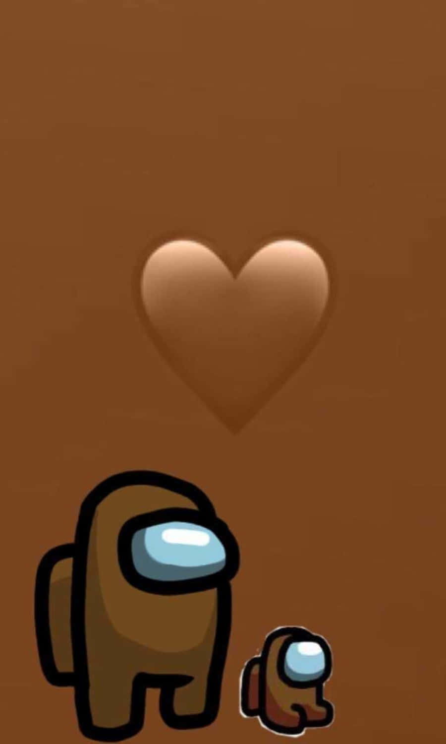 Cartoon Heart 桌布 壁紙 — 兩個棕色Among Us角色仰望一個發光的心形，背景為純棕色。