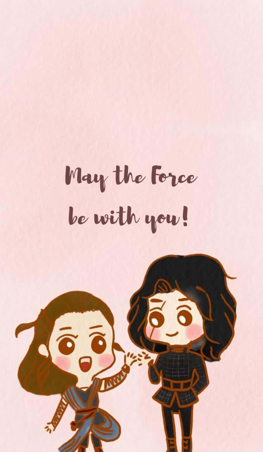 May The Force Be With You 桌布 壁紙 — 兩個棕色和黑色頭髮的Q版角色在柔和的粉紅色背景上愉快地牽手，並帶有文字願原力與你同在！