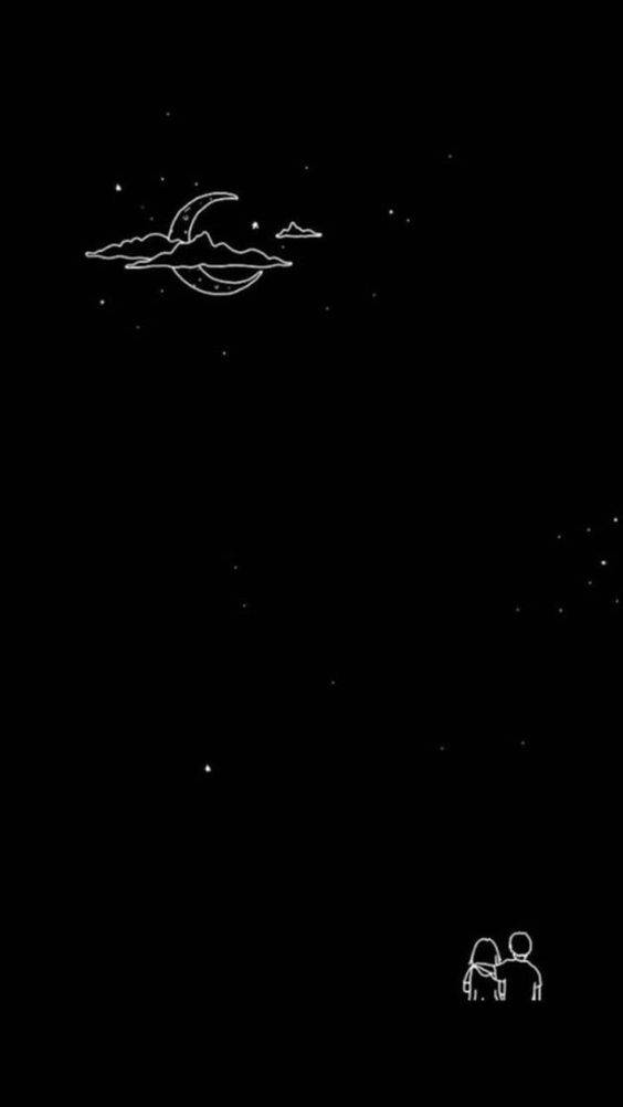 兩個人站在星空下觀看月亮 — 極簡黑色手機桌布 壁紙