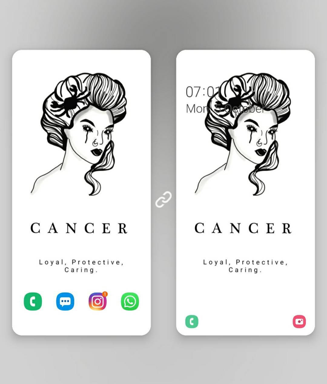 巨蟹座 桌布 壁紙 — 兩個極簡手機螢幕顯示一個哭泣女人的黑白線條藝術插圖，文字標識她為巨蟹座，特質忠誠保護關懷。