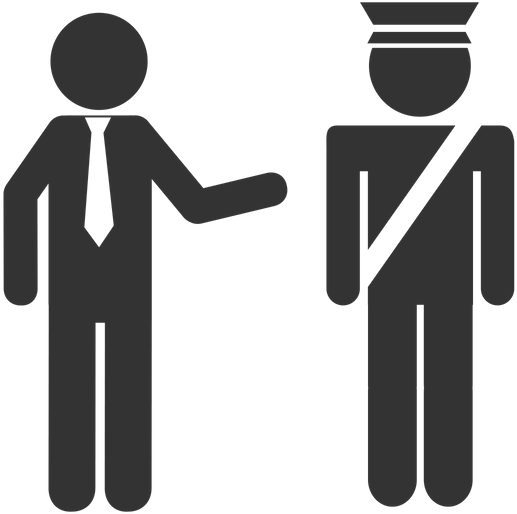 Lawyer 桌布 壁紙 — 兩個極簡灰色火柴人，一個穿西裝向另一個穿制服的人做手勢，背景為純色。