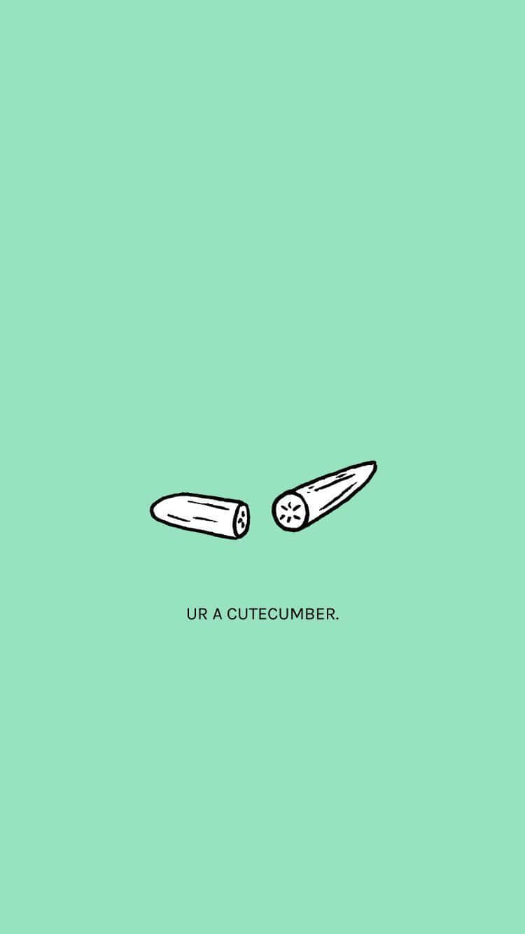 cucumber 桌布 壁紙 — 兩個極簡白色線條繪製的小黃瓜半邊，在薄荷綠色背景上，帶有文字 ur a cutecucumber。