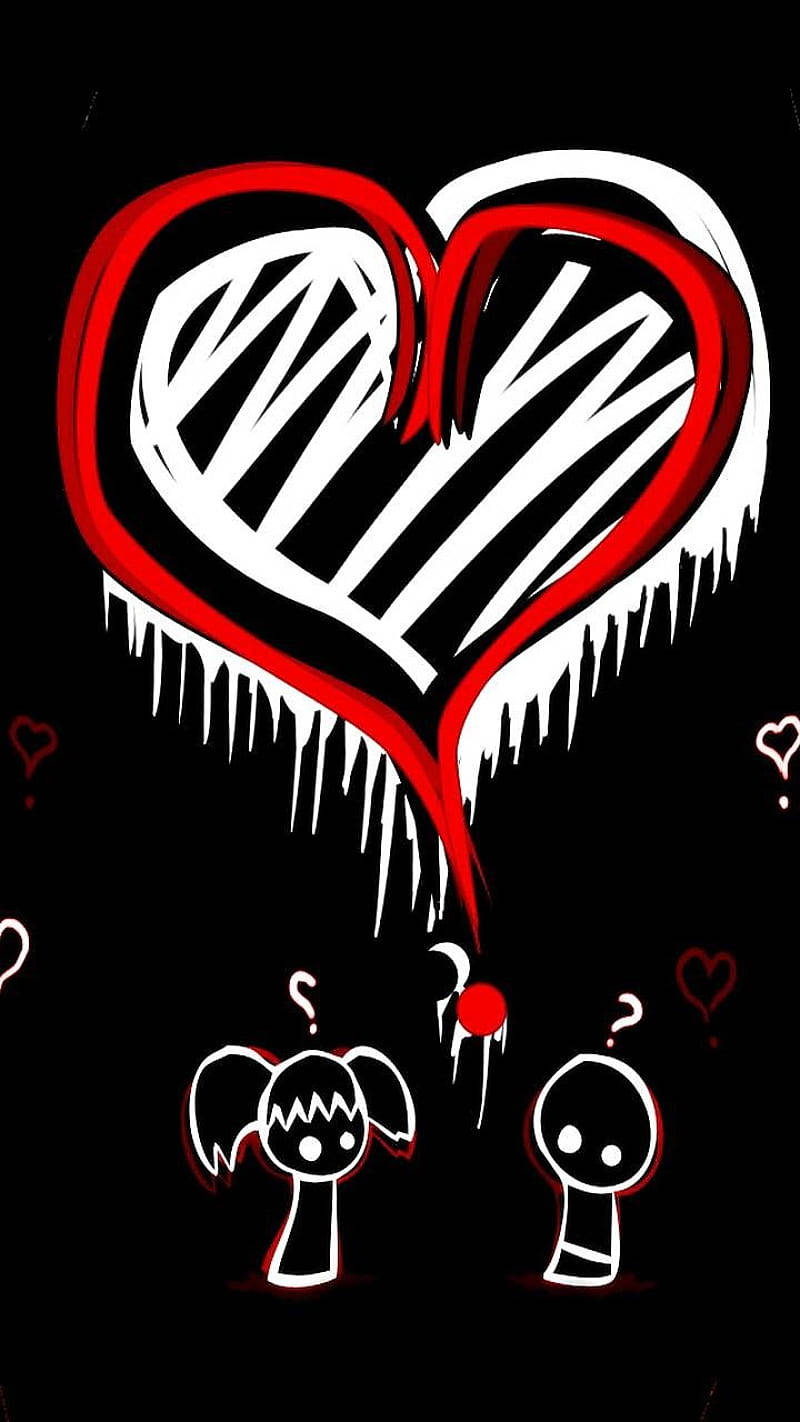 Love Drawings 桌布 壁紙 — 兩個極簡線條人凝視著一個在黑色背景下融化、滴著冰柱的紅白心形。