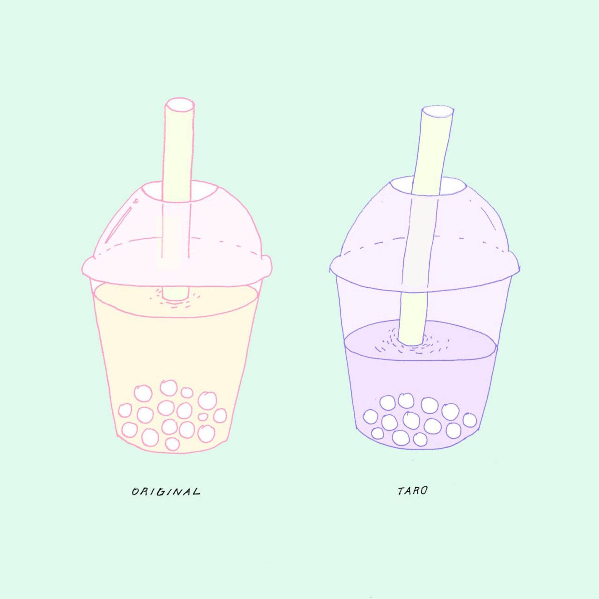 Bubble 桌布 壁紙 — 兩個極簡線條藝術的珍珠奶茶杯，標有原味和芋頭，背景為薄荷綠色。