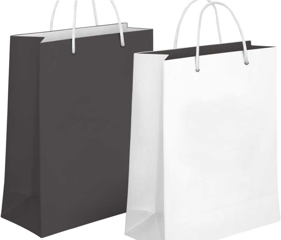 Shopping 桌布 壁紙 — 兩個極簡購物袋，一個白色一個灰色，配有白色提把，並排立在透明背景上。