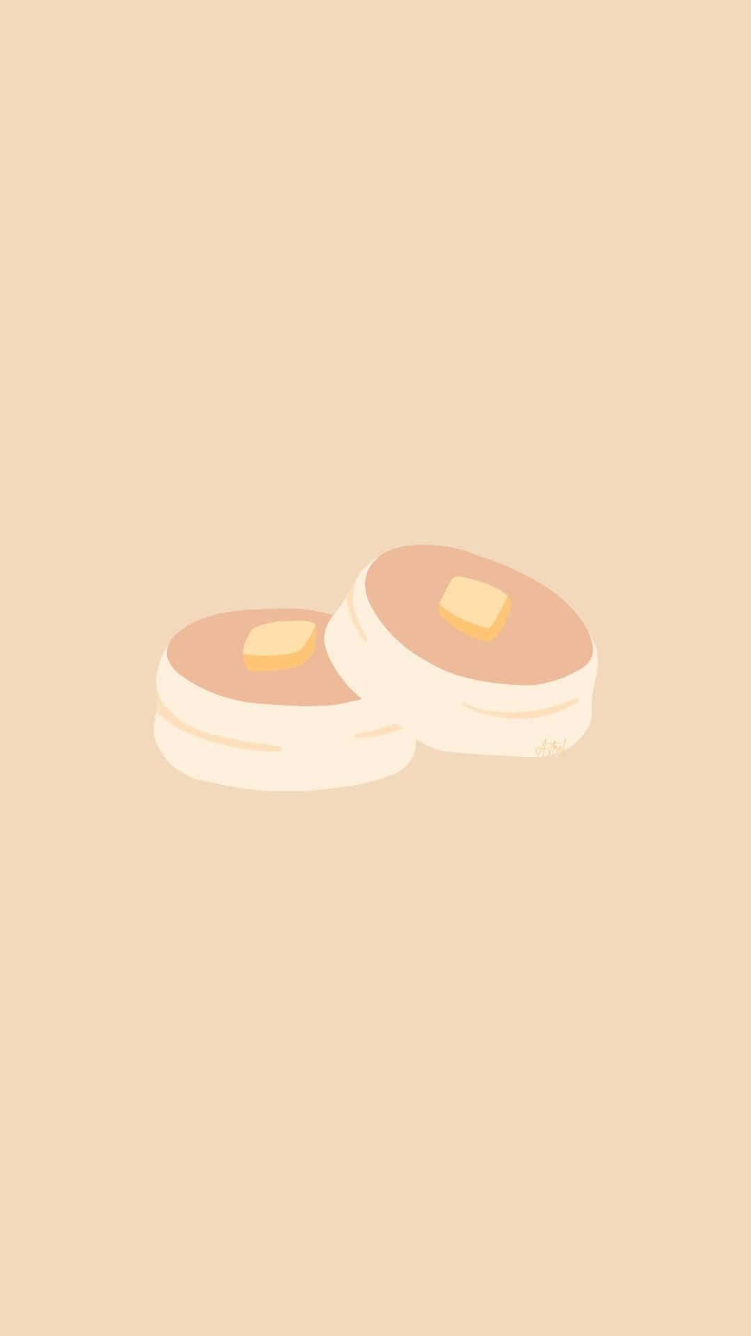 Korean Beige Aesthetic 桌布 壁紙 — 兩個極簡風格插圖煎餅配奶油，放在柔軟的米色背景上。