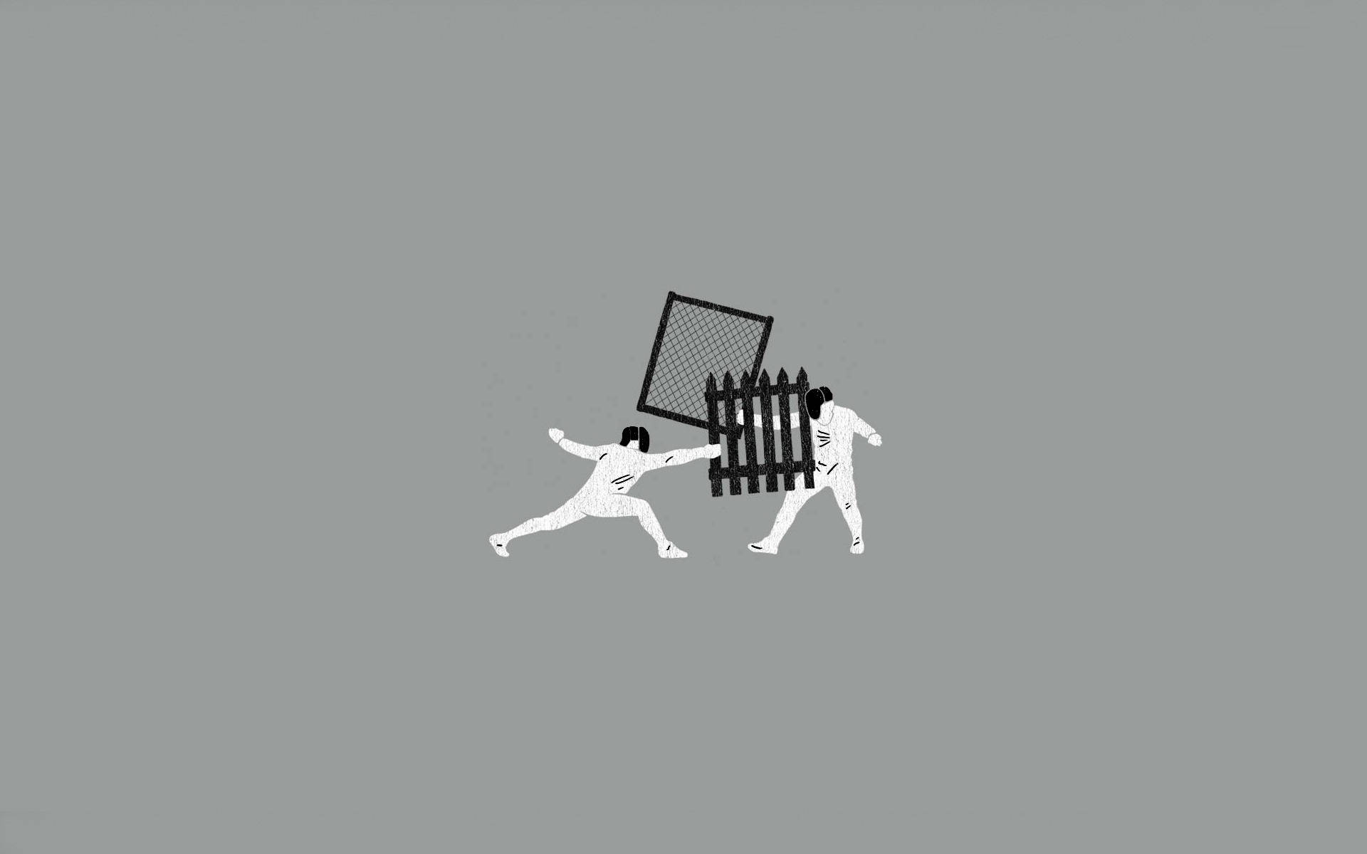 Fencing 桌布 壁紙 — 兩個極簡風格的人物穿著白色劍擊裝備，在灰色背景上與黑色圍欄和網碰撞。