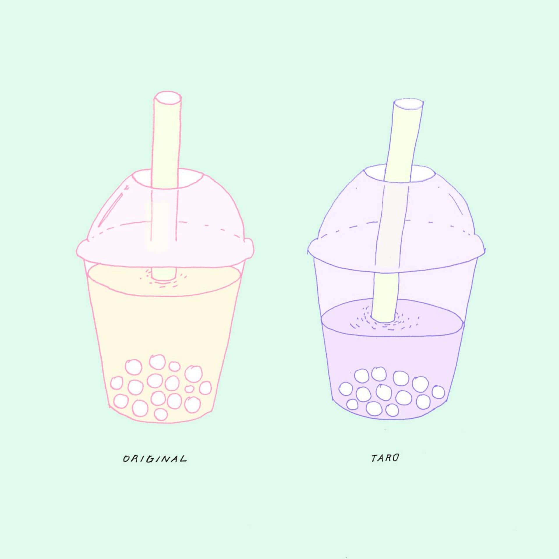 milkshake 桌布 壁紙 — 兩個極簡風格的珍珠奶茶杯，分別標示 original 和 taro，並排放在柔和的薄荷色背景上。