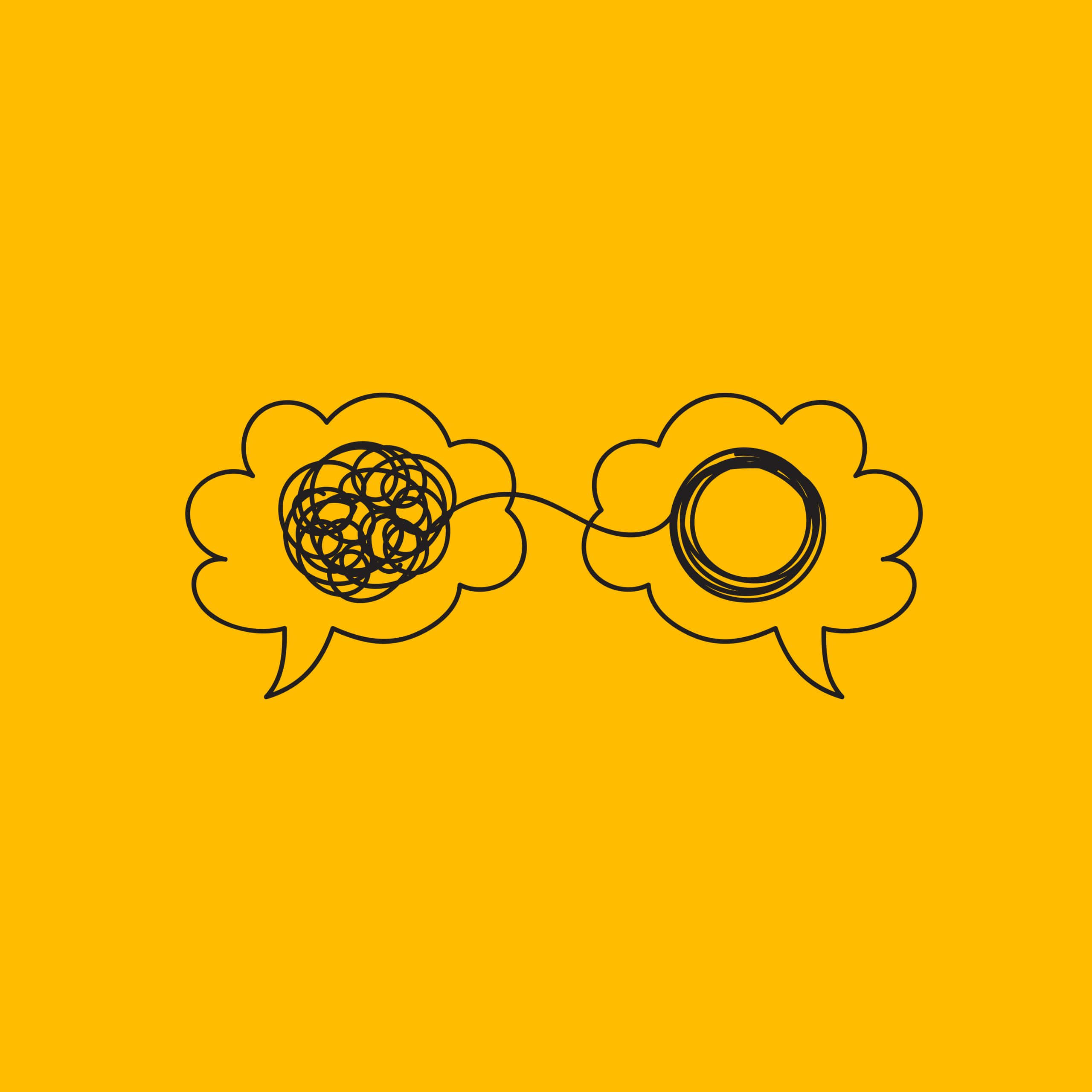 Speech Bubble 桌布 壁紙 — 兩個極簡黑色輪廓對話框，位於純黃色背景上，一個充滿雜亂塗鴉，另一個帶有簡單圓形。