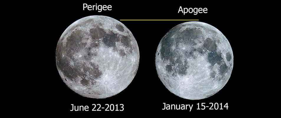Perigee 桌布 壁紙 — 兩個標示為近地點和遠地點的滿月，在黑色太空背景下顯示大小差異，並附有日期。