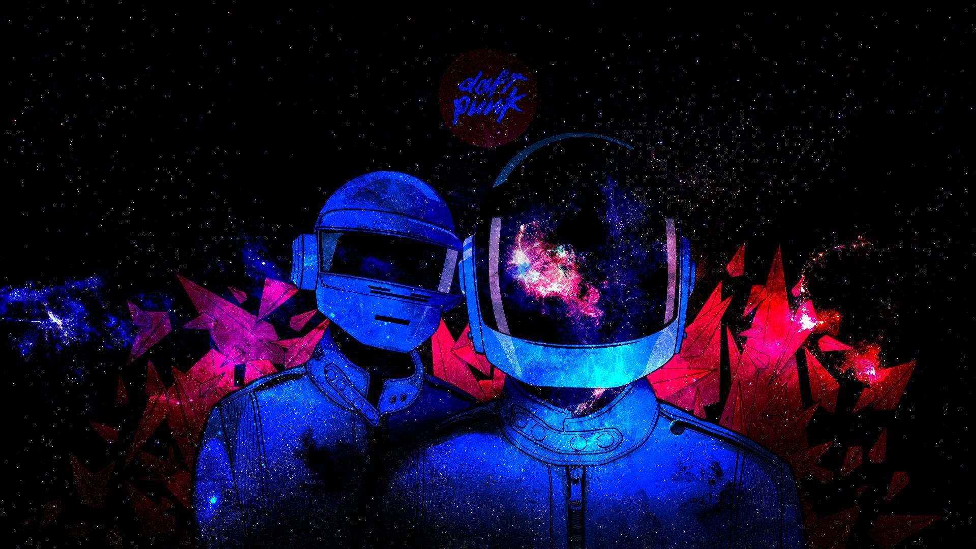 punk 桌布 壁紙 — 兩個標誌性的 Daft Punk 機器人站在宇宙背景下，背景有發光的星雲和鋸齒狀的紅色水晶。