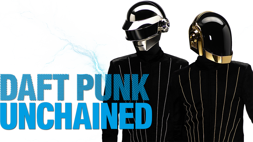 punk 桌布 壁紙 — 兩個標誌性的 Daft Punk 機器人穿著黑色細條紋西裝，站在動態藍色水花和故障數位背景前。