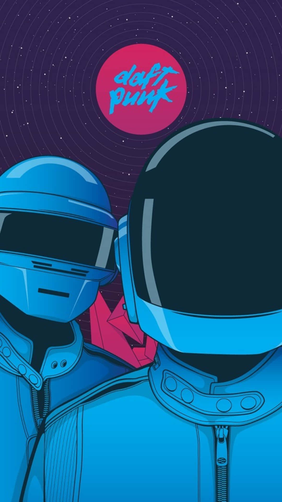 桌布 壁紙 — 兩個標誌性的 Daft Punk 頭盔面向一個宇宙粉紅月亮，背景是帶有同心環的星空紫色天空。