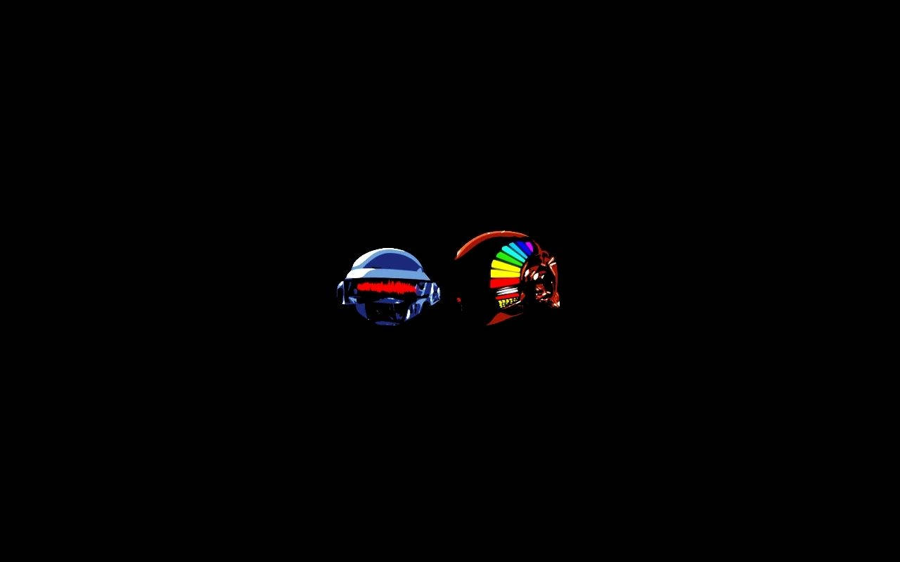 punk 桌布 壁紙 — 兩個標誌性的 Daft Punk 頭盔在漆黑的背景下發出充滿活力的霓虹燈光。