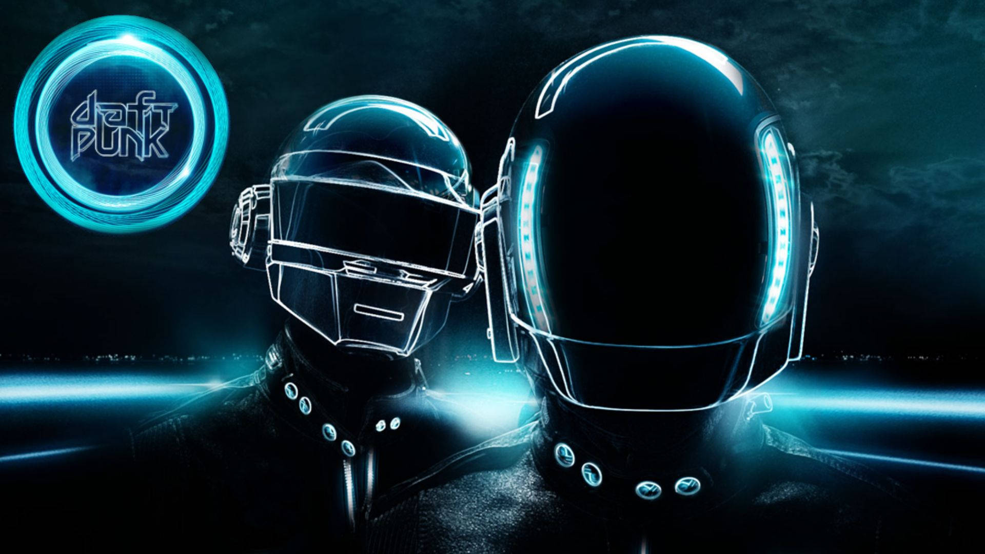 punk 桌布 壁紙 — 兩個標誌性的 Daft Punk 頭盔在黑暗的未來主義背景下發出電光藍色霓虹光。