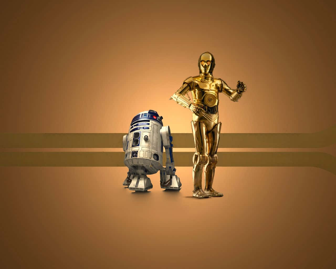 C-3po 桌布 壁紙 — 兩個標誌性的星戰機器人R2-D2和C-3PO並肩站立在溫暖的漸變背景前。