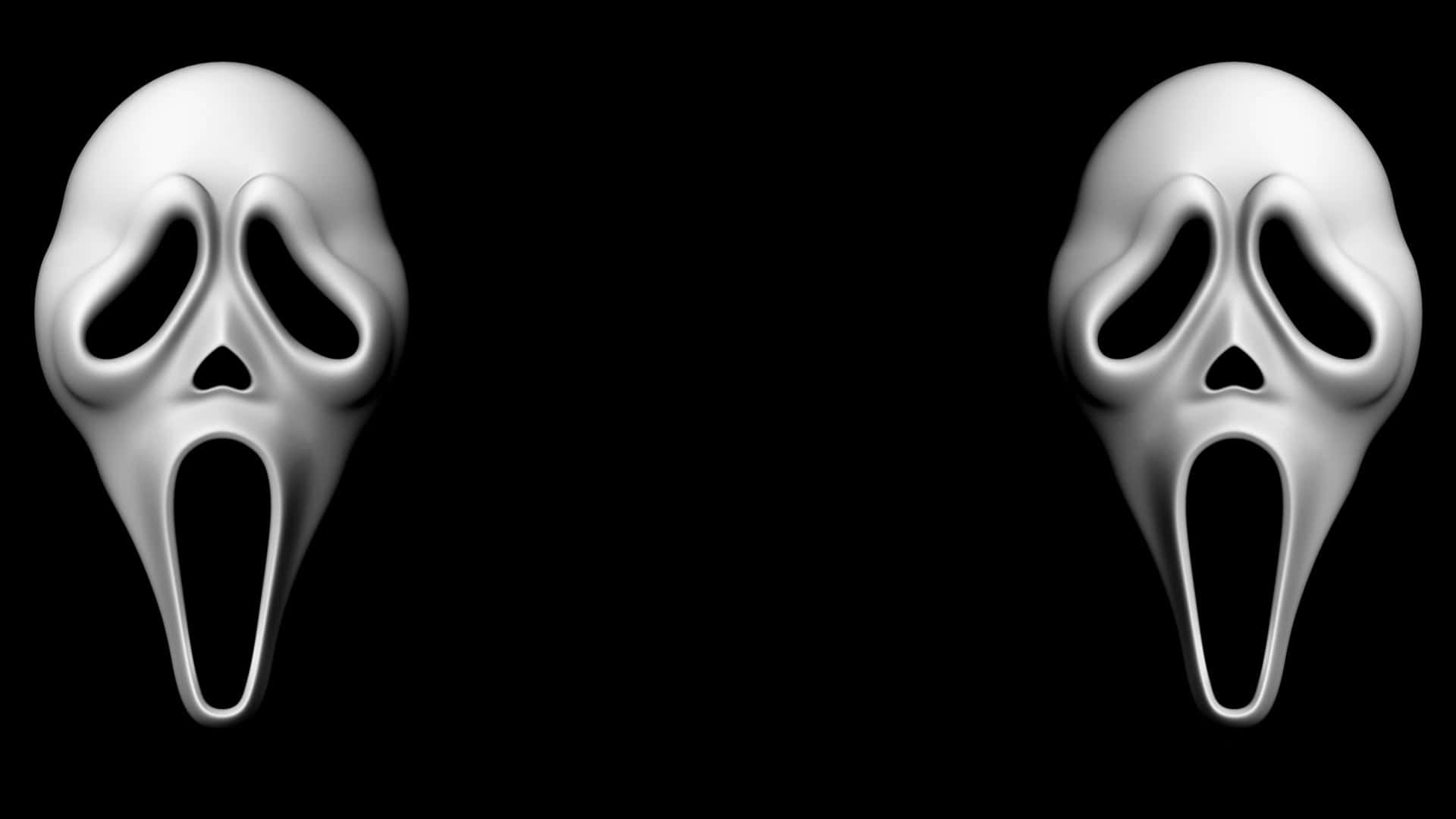 Scream Ghostface 桌布 壁紙 — 兩個標誌性的白色驚聲尖叫面具，邊緣發光，漂浮在純黑色背景上。