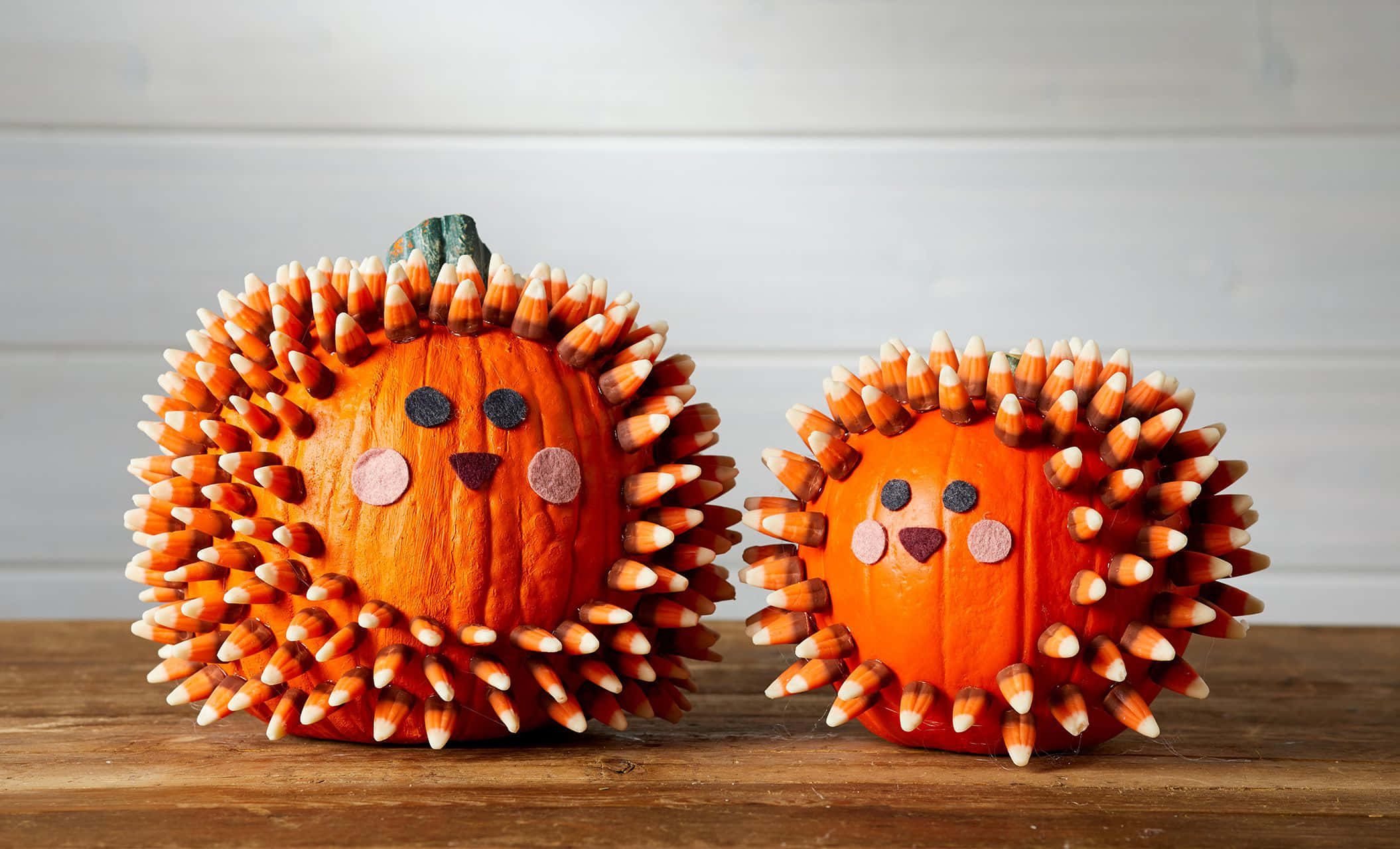Halloween Crafts 桌布 壁紙 — 兩個橙色南瓜裝飾有糖果玉米尖刺和可愛的臉孔，放在木桌上，背景是白色搭接牆。