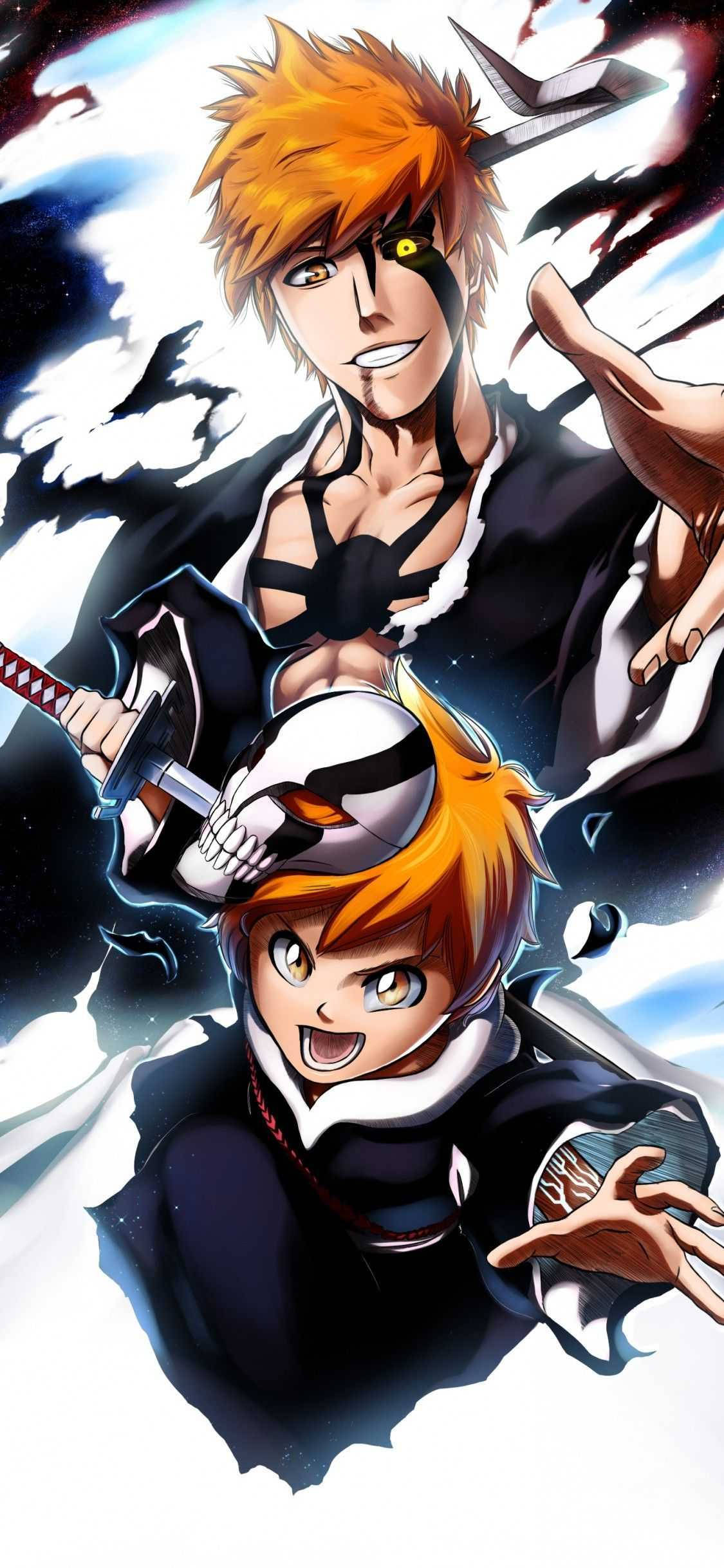 Bleach iPhone 桌布 壁紙 — 兩個橙色頭髮、身穿黑色制服的動漫角色在旋轉的黑白背景上動態碰撞。