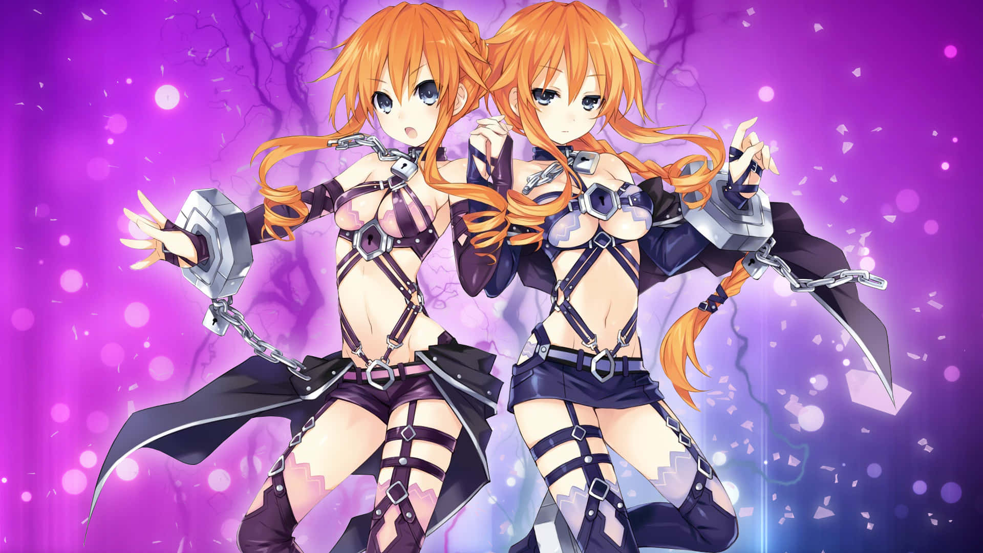 Date A Live 桌布 壁紙 — 兩個橙色頭髮的動漫女孩在帶有浮動粒子的發光紫色背景前揮舞著鎖鏈錘。