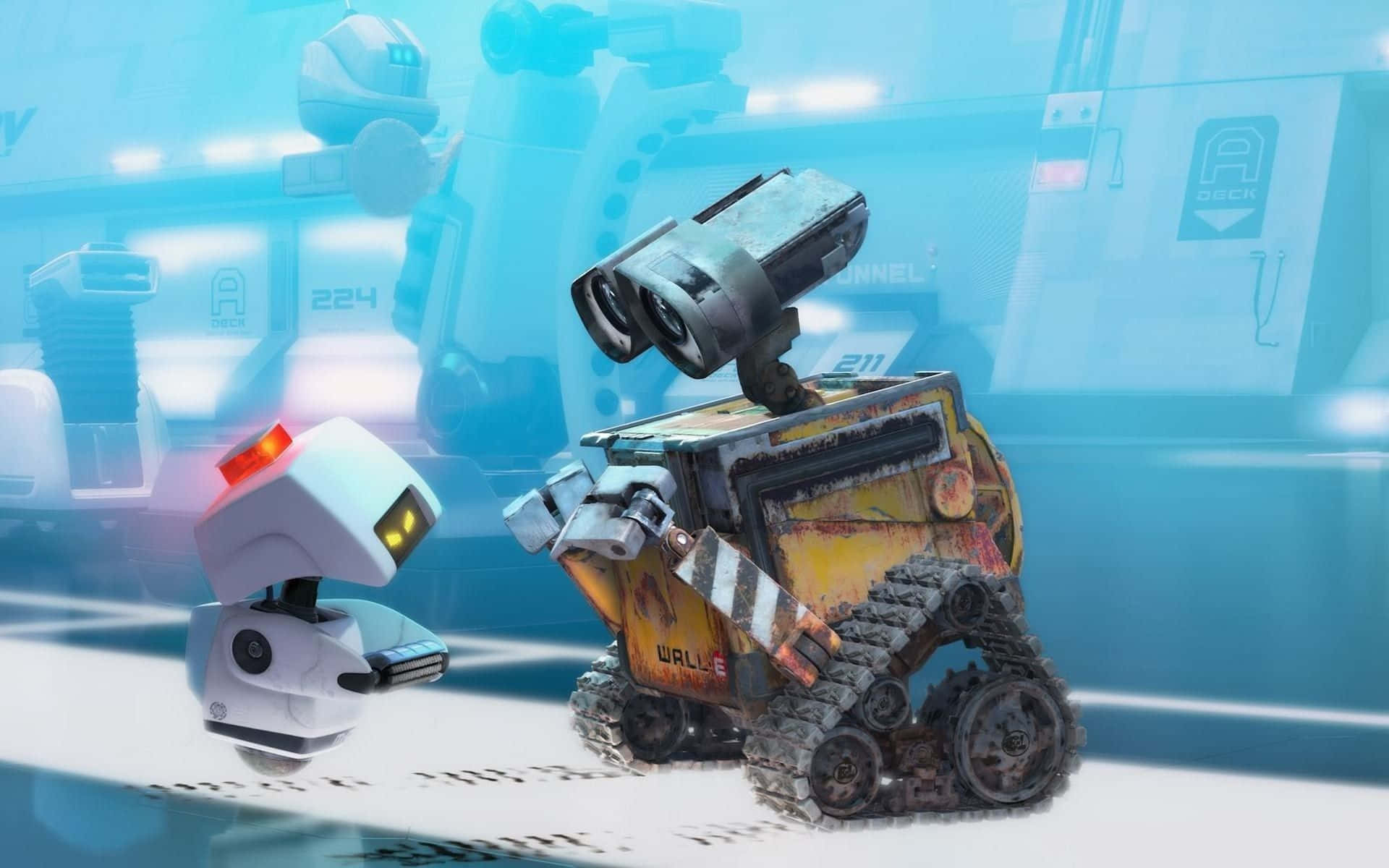 電影動圖 桌布 壁紙 — 兩個機器人，Wall-E 和 Eve，站在一個未來實驗室中，背景有藍色燈光和機械手臂。