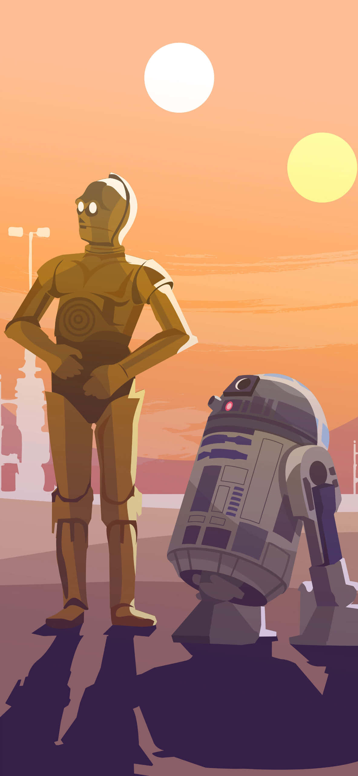 r2d2 桌布 壁紙 — 兩個機器人C-3PO和R2-D2在雙太陽的天空下並肩站在沙漠景觀中。
