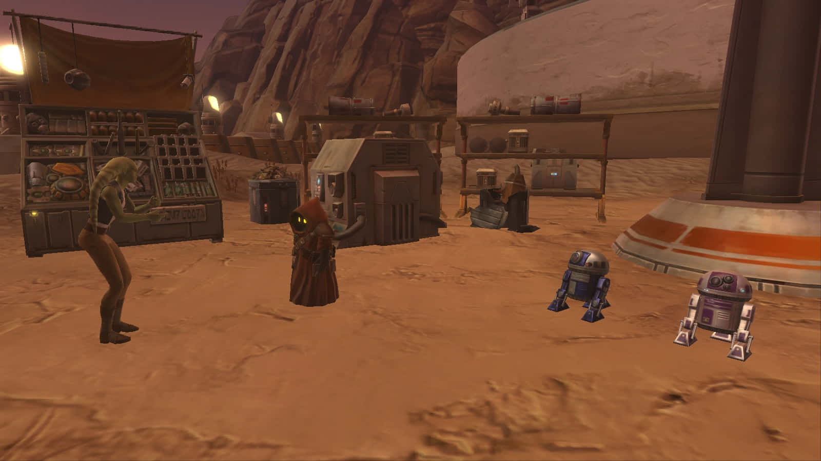 Mos Eisley 桌布 壁紙 — 兩個機器人和外星人物在沙漠前哨站附近互動，周圍有發光的燈光和砂岩懸崖。
