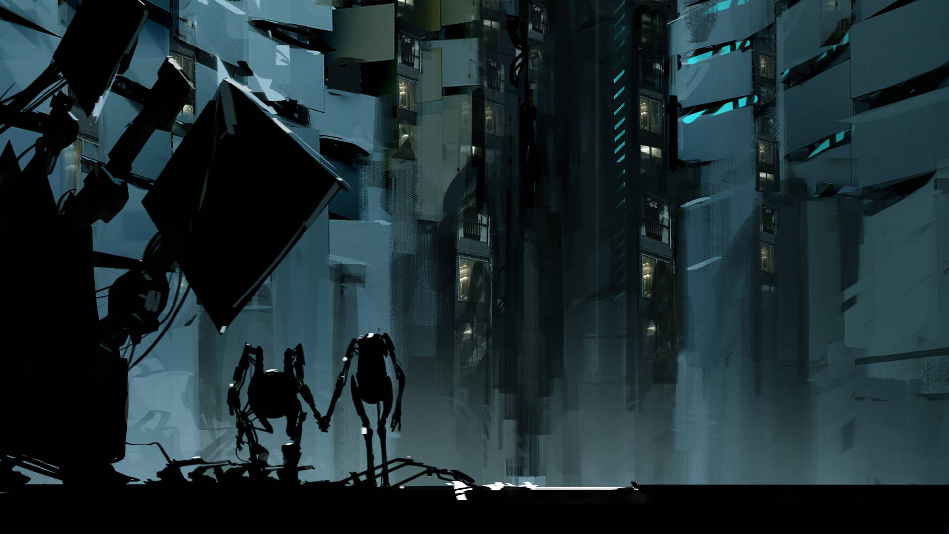 傳送門 桌布 壁紙 — 兩個機器人在冰冷藍灰色燈光下，於高聳碎裂的 cyberpunk 城市景觀中牽手。