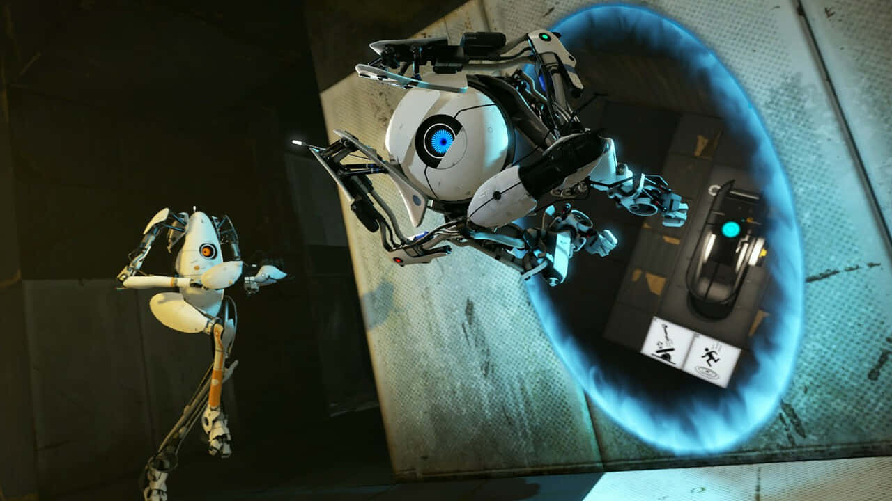 Portal Characters 桌布 壁紙 — 兩個機器人在科幻實驗室中，一個在藍色傳送門中懸浮，另一個站在附近。