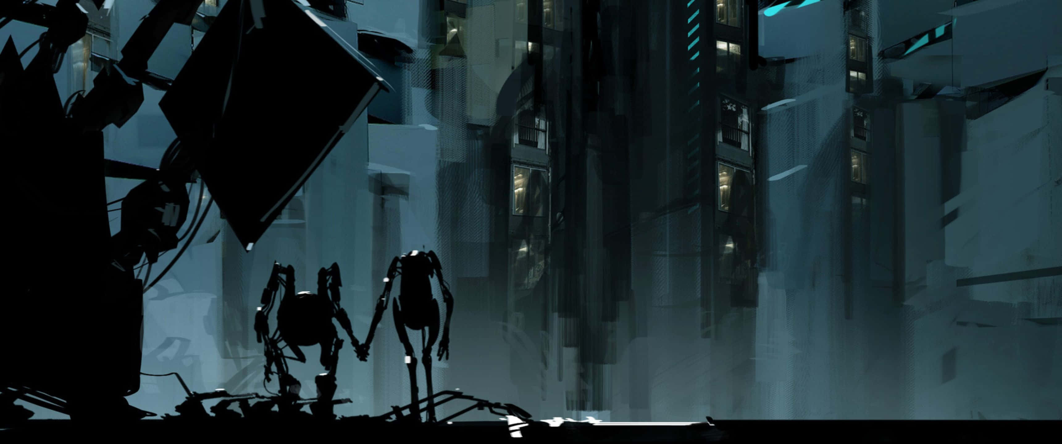 3440x1440p Portal 2 桌布 壁紙 — 兩個機器人在黑暗的未來城市景觀中牽手，背景有高聳的建築物和發光的窗戶。