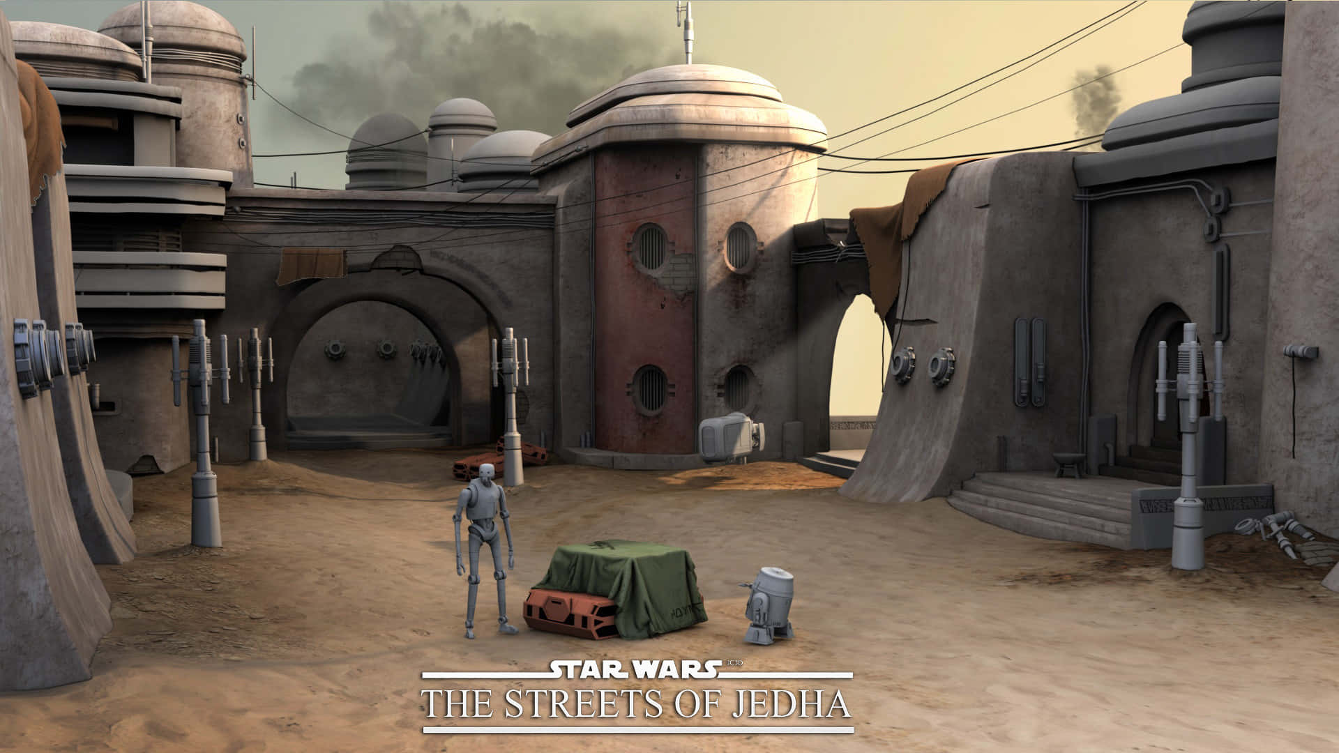 Jedha 桌布 壁紙 — 兩個機器人站在一個塵土飛揚的外星市場，有圓頂建築物，天空朦朧。