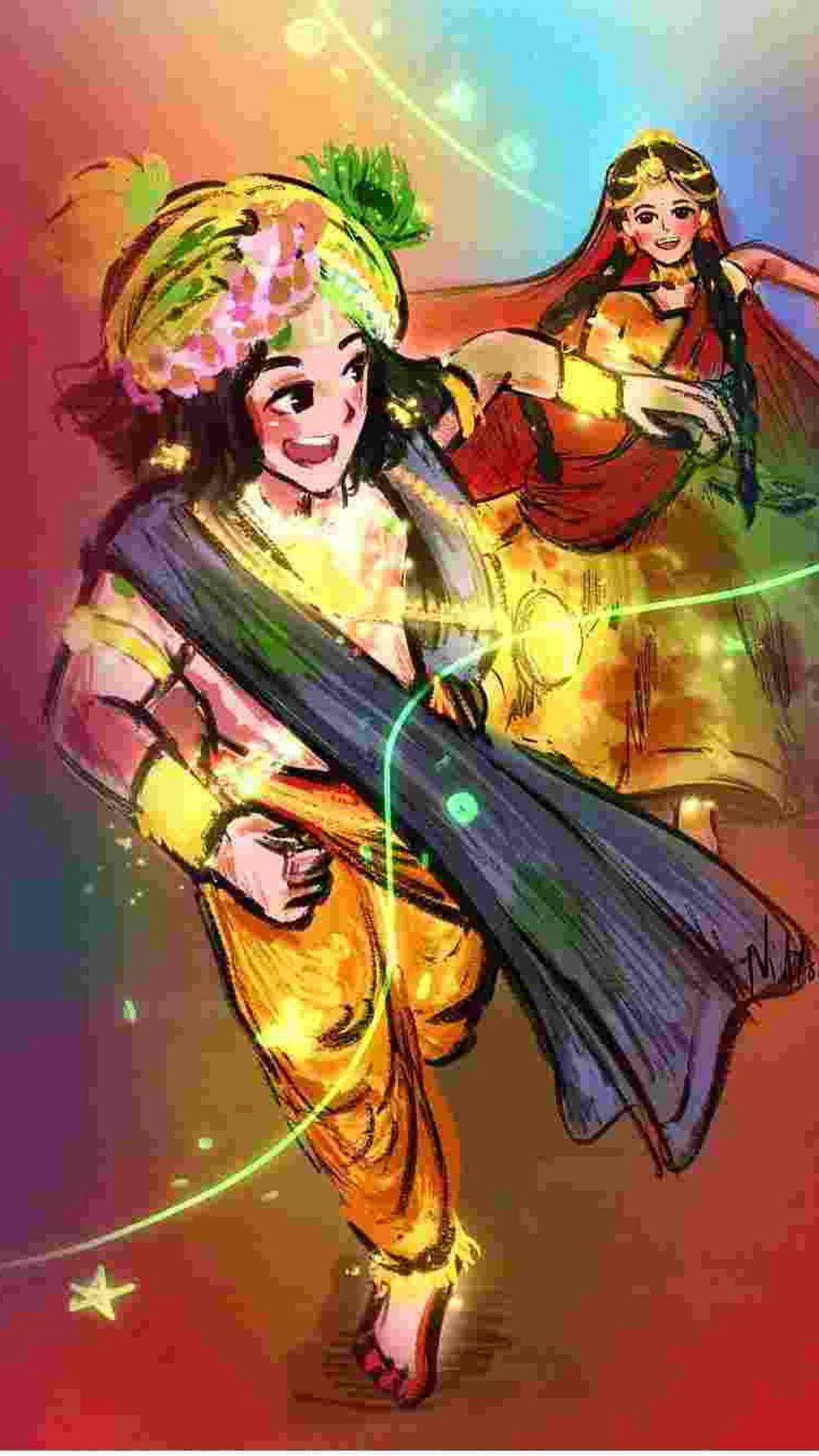 radha krishna serial 桌布 壁紙 — 兩個歡樂的動漫角色在閃爍的彩虹天空下，穿著鮮豔的金色服裝跳舞，伴隨著閃閃發光的光跡。
