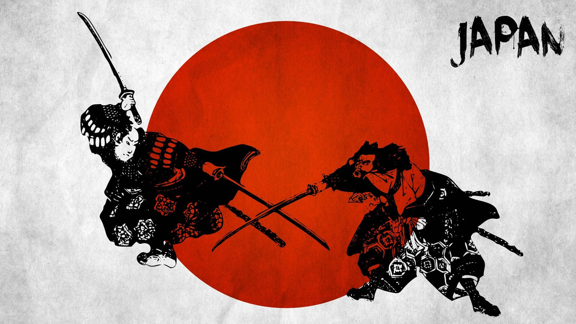 日本武士 桌布 壁紙 — 兩個武士在紋理白色背景上以動態黑色剪影碰撞，襯托著大膽的紅色太陽。