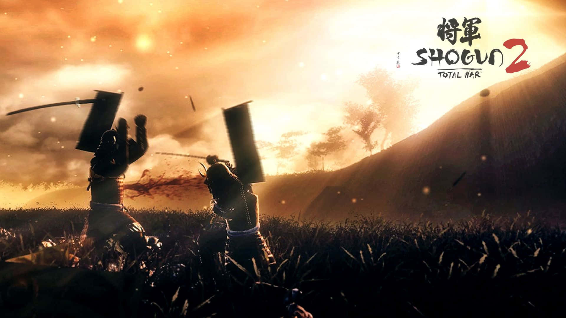 Shogun 桌布 壁紙 — 兩個武士在金色夕陽田野中交鋒，刀劍飛舞，鮮血四濺，形成戲劇性的剪影。