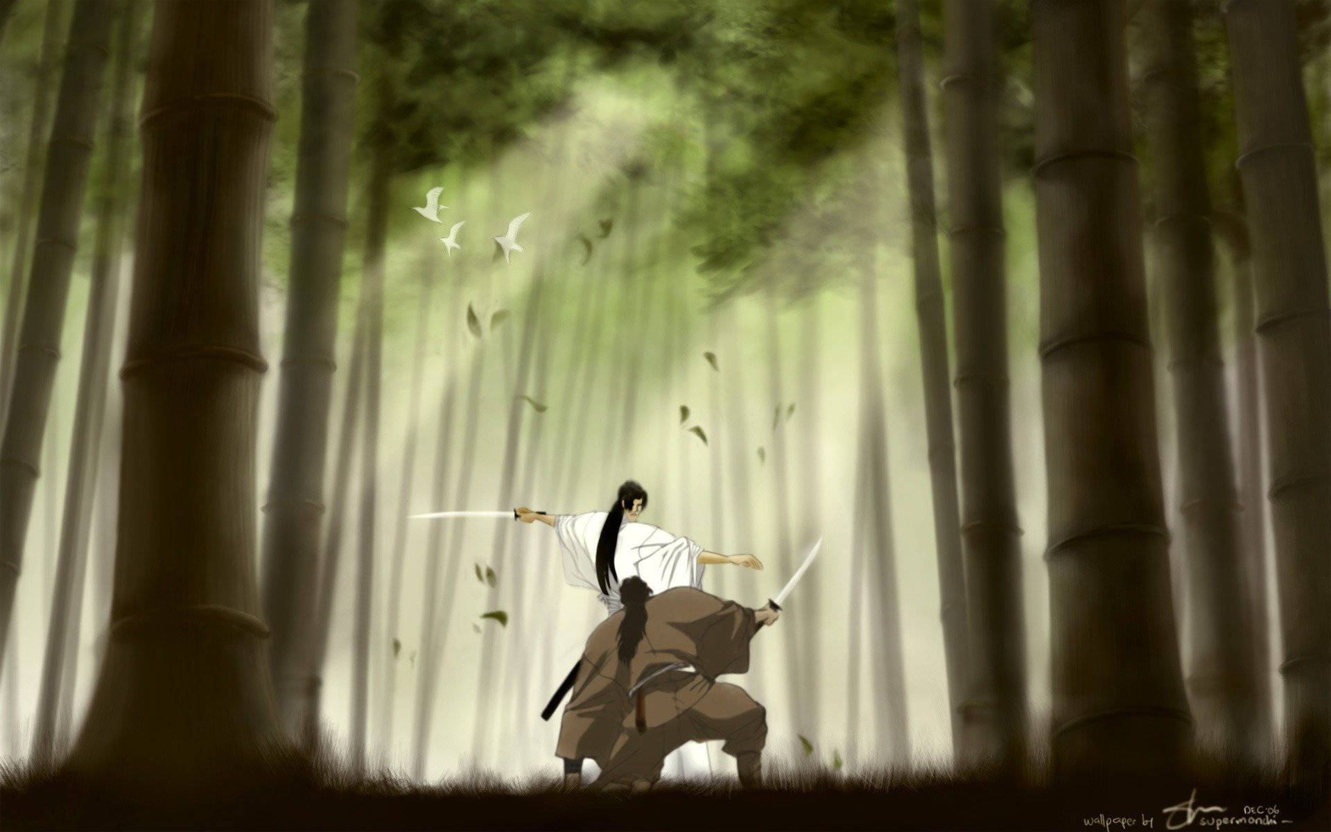 武士動畫 桌布 壁紙 — 兩個武士在霧氣瀰漫的竹林中決鬥，陽光穿過樹冠灑落，鳥兒在頭頂飛翔。
