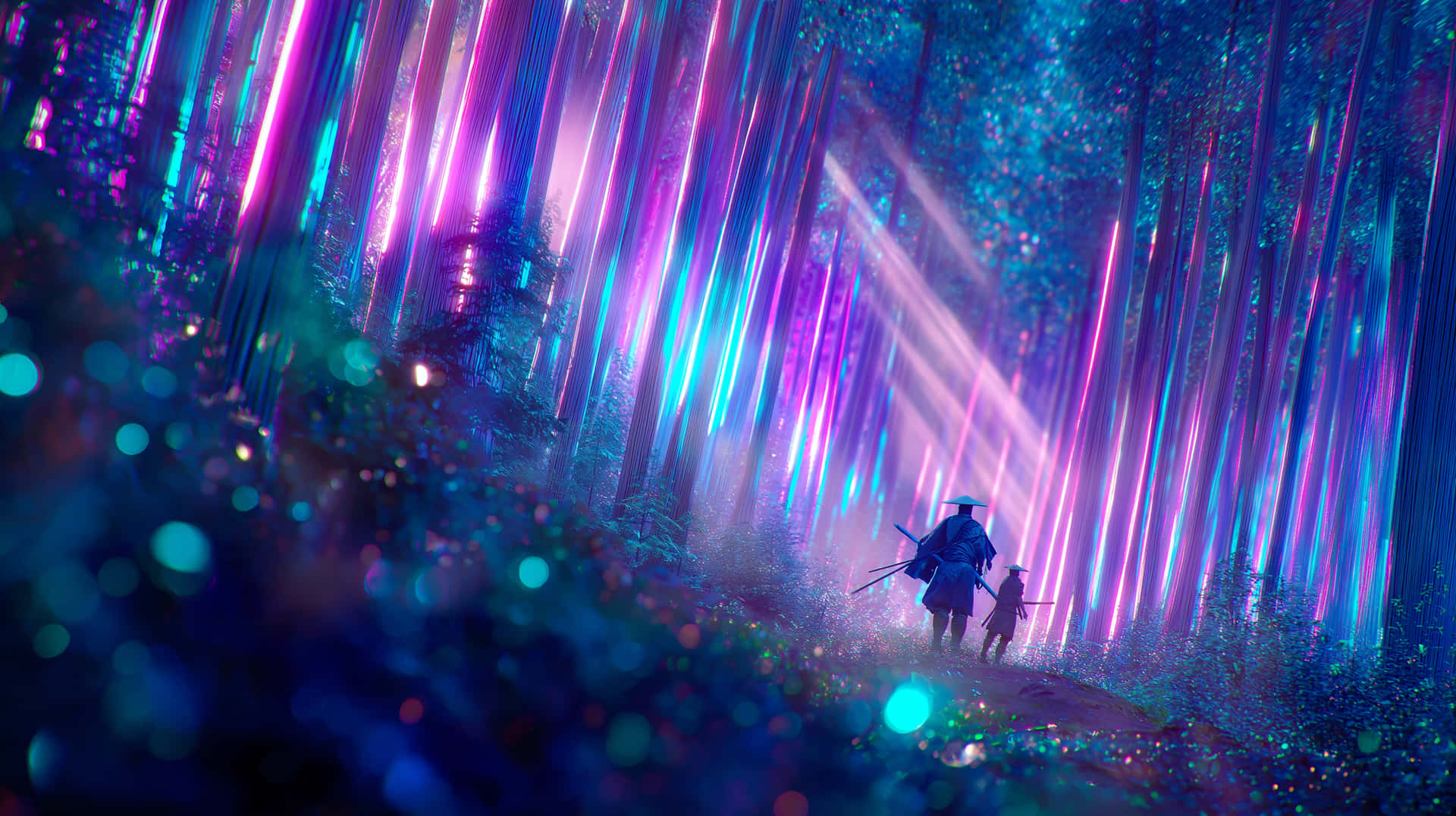 Samurai and Child in Luminous Forest with Neon Glow 壁紙 — 兩個武士走過一個神秘的森林，霓虹紫色和青色的光束穿過發光的樹木。