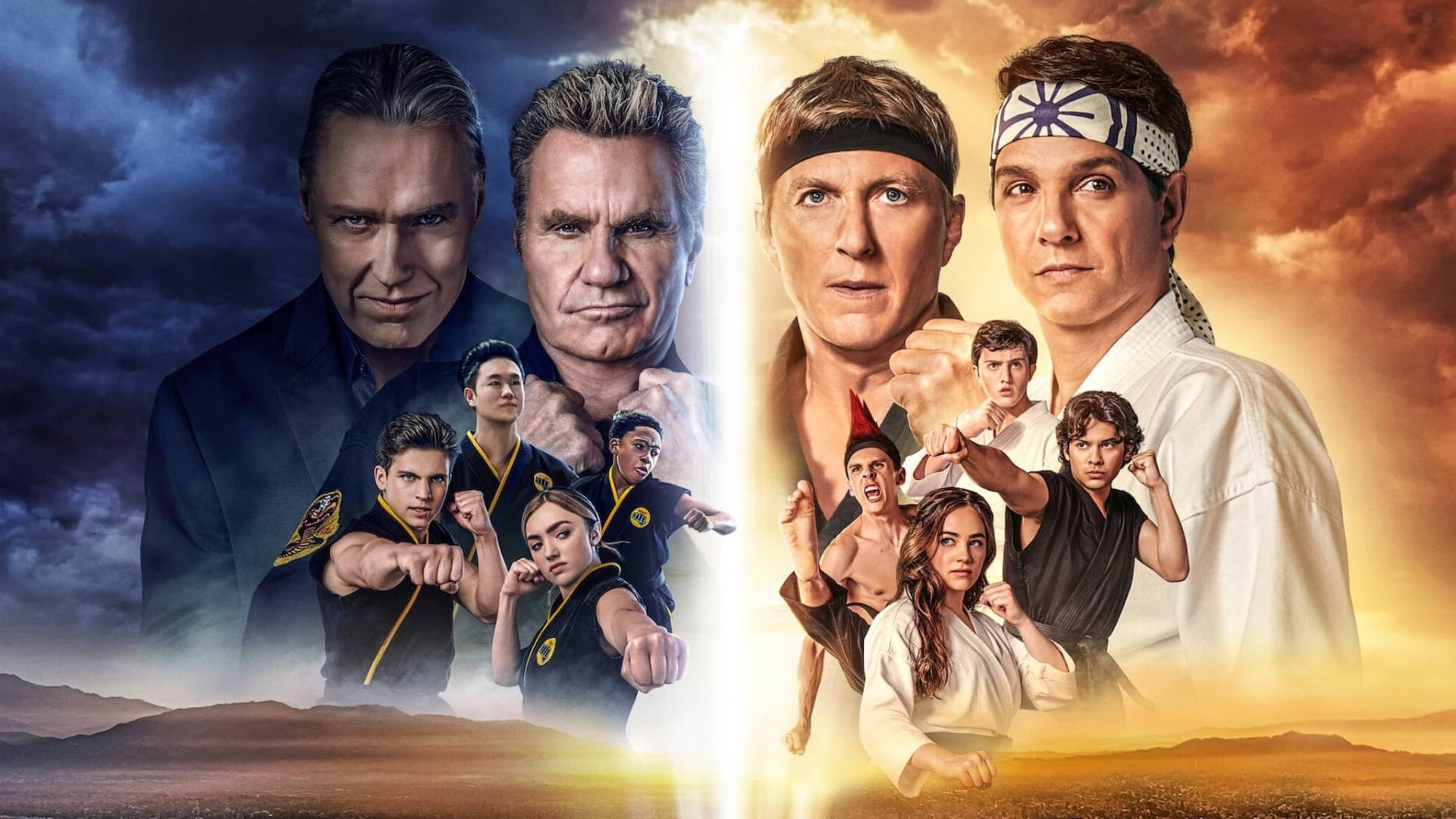 Cobra Kai Phone 桌布 壁紙 — 兩個武術派系在風暴和日落天空下，隔著一道發光的裂縫對峙，戰士們擺出戰鬥姿勢。